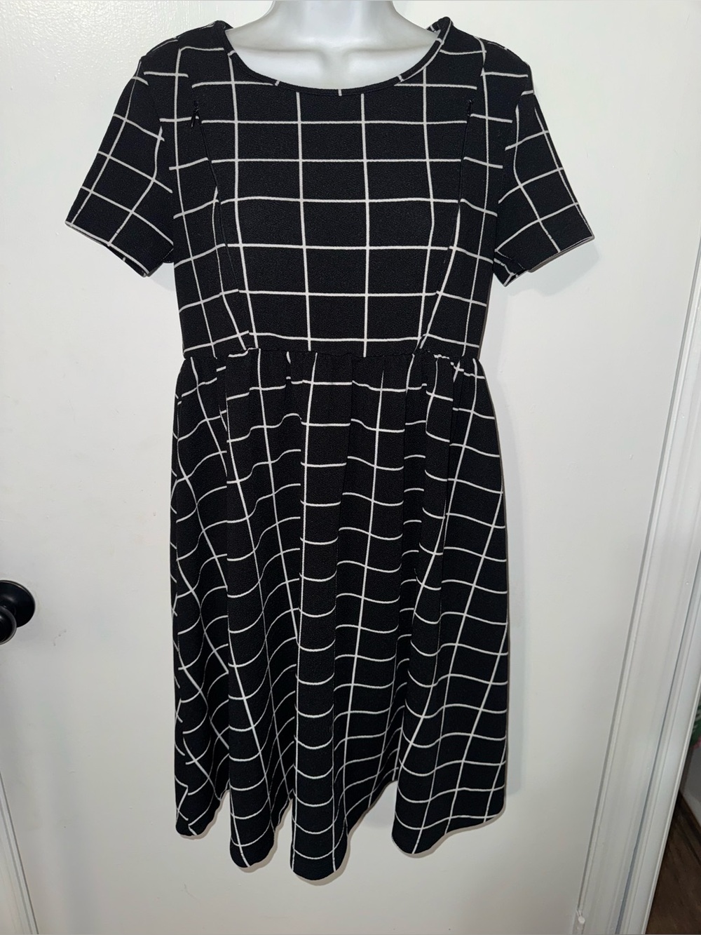 Black Windowpane Short-Sleeve Fit & Flare Dress